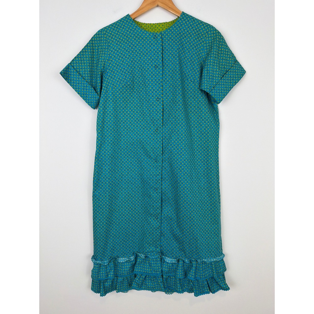 Dash-About Vintage 60s 70s Shift Dress Sz 10 Teal Floral Ruffle Mod MCM Cottage